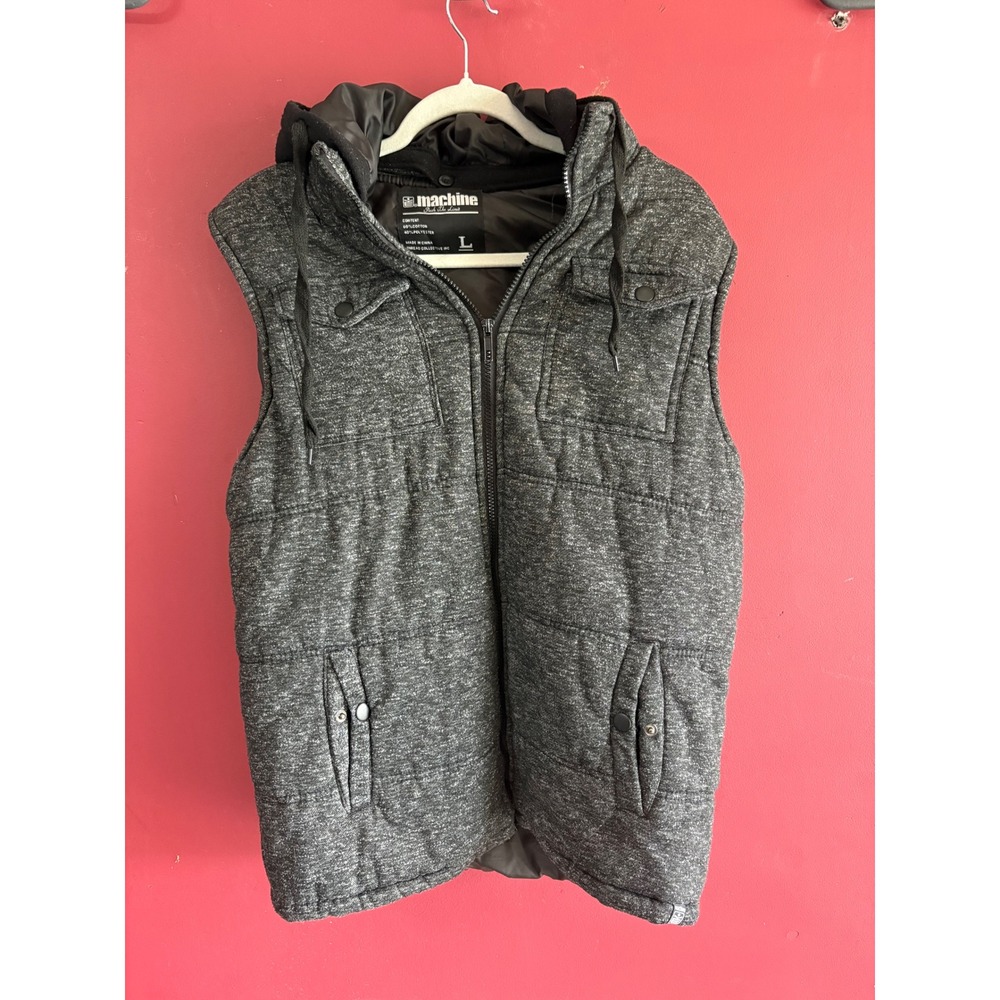Mens Gray Marl Quilted Puffer Vest with Black Hood Full Zip Sleeveless Jacket